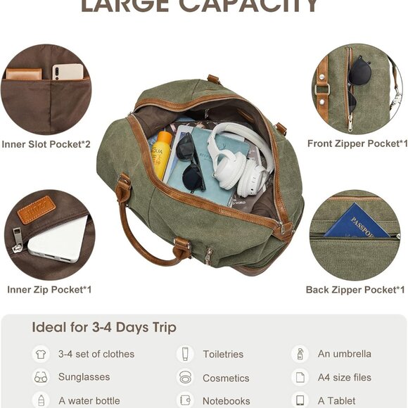 Weekender Bag for Men Canvas Duffle Large Weekend Overnight Travel Carry On Tote - Picture 6 of 6